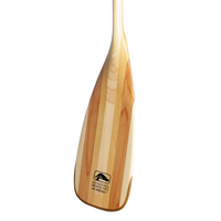 Wooden canoe paddle blade showing natural wood grain and branded logo