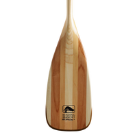 Wooden paddle with laminated wood construction showing natural grain patterns and curved blade design