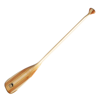 Wooden canoe paddle with curved blade and straight handle shown at diagonal angle