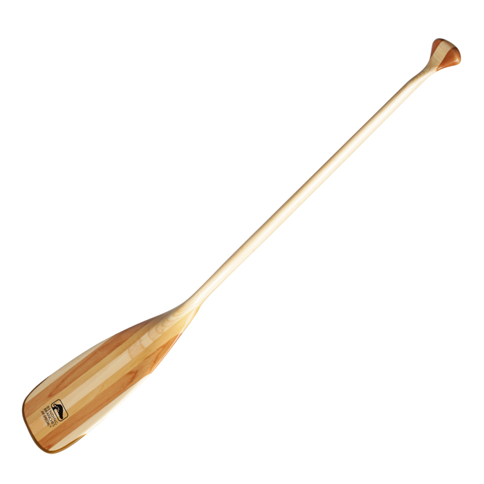 Wooden canoe paddle with curved blade and straight handle shown at diagonal angle
