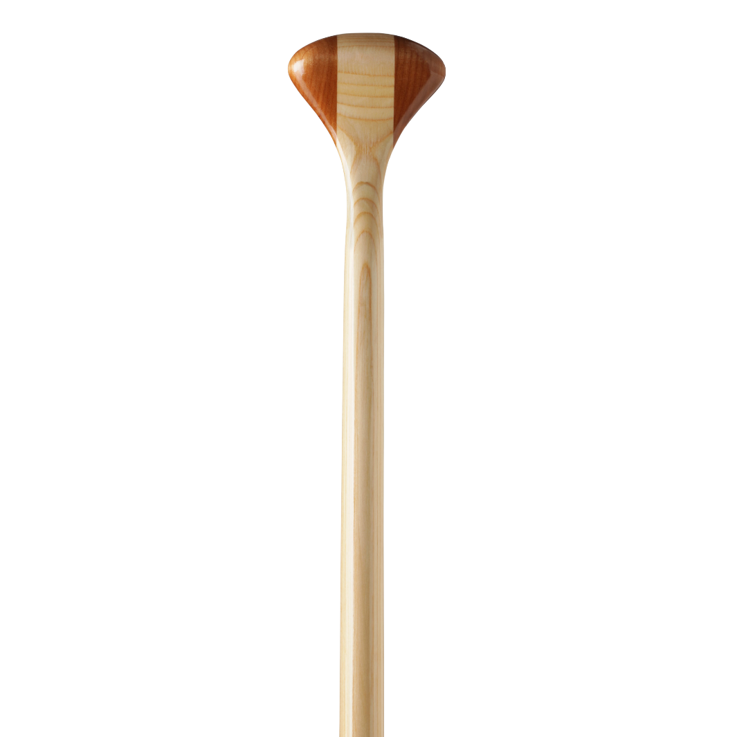 Wooden paddle with teardrop blade and natural wood grain, full length view