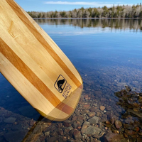 Wooden canoe paddle blade resting in shallow clear water near rocky shoreline