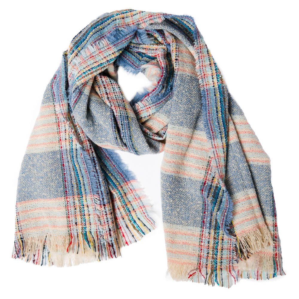 Oversized woven plaid scarf with fringe edges in blue, cream, and multicolor stripes