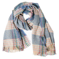 Oversized woven plaid scarf with fringe edges in blue, cream, and multicolor stripes