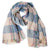 Oversized woven plaid scarf with fringe edges in blue, cream, and multicolor stripes