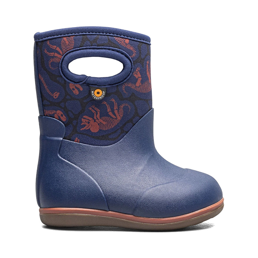 Children's waterproof pull-on boot with dinosaur print upper and solid navy lower, side view