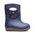 Children's waterproof pull-on boot with dinosaur print upper and solid navy lower, side view