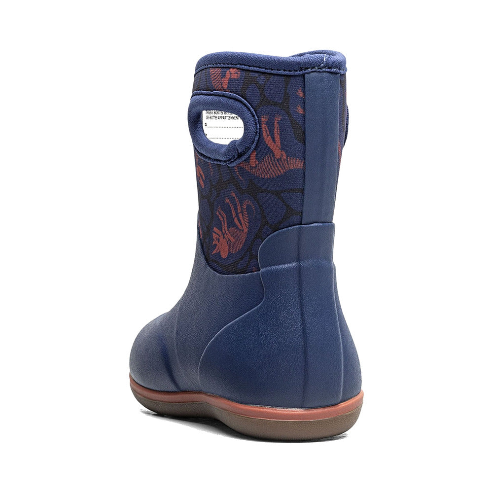 Children's waterproof boot with dinosaur print upper and navy rubber lower, rear view