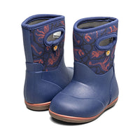 Children's pull-on rain boots with dinosaur skeleton print upper and solid navy rubber lower, pair view