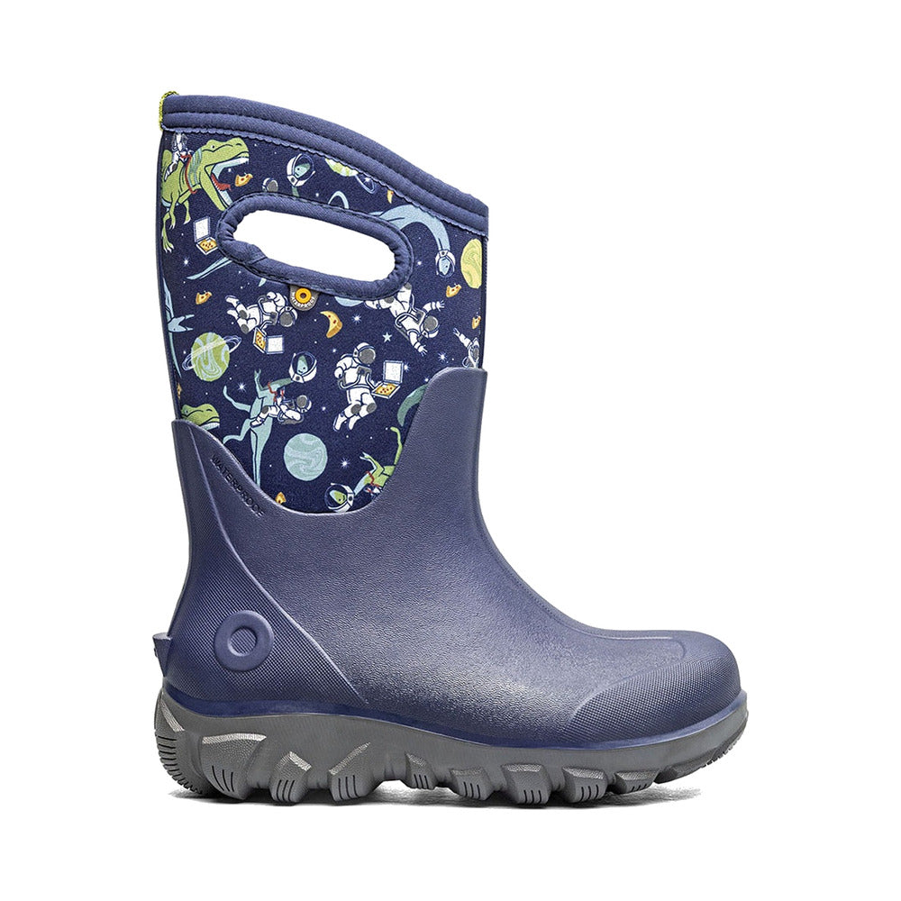 Kids' tall rain boot in navy with space cowboys and dinosaur astronaut printed shaft
