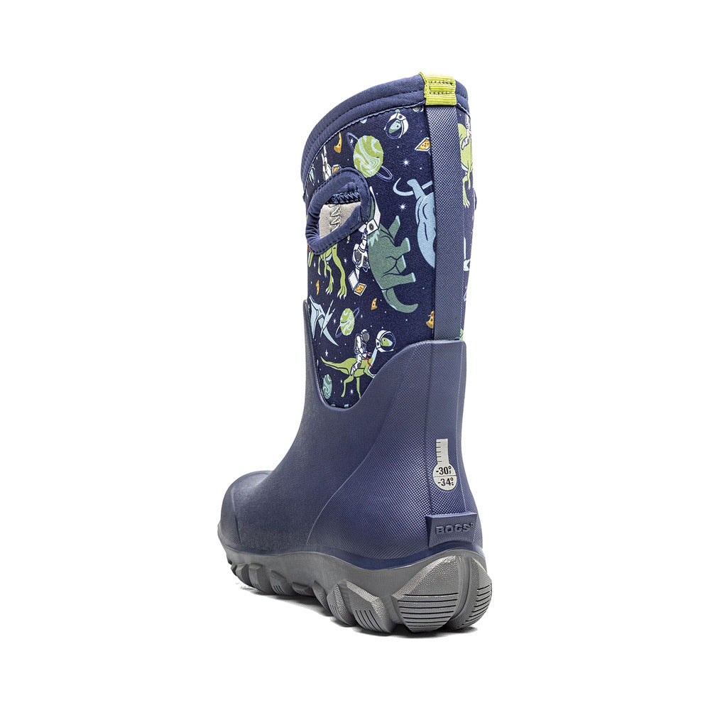 Kids' tall winter boot, back view, navy with space dinosaur print and gray rubber sole