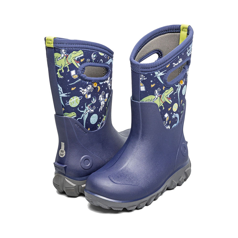 Kids' tall rain boots in navy with space dinosaur print, pull handles, and rugged gray outsole