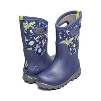 Kids' tall rain boots in navy with space dinosaur print, pull handles, and rugged gray outsole