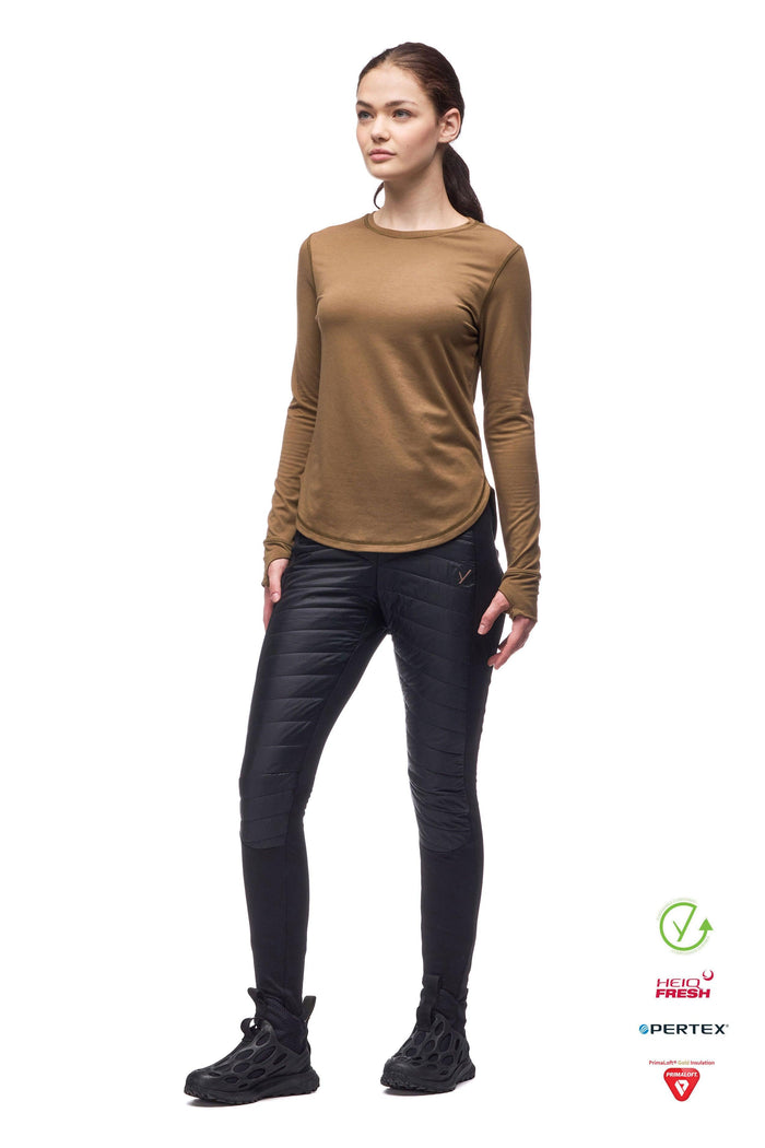 Black quilted insulated women's fitted pants with stretch panels, front on-model view
