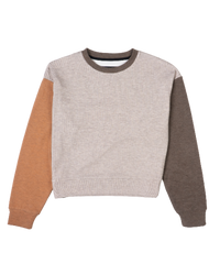 Color-block crewneck sweater with beige body, tan left sleeve, and brown right sleeve, flat lay view