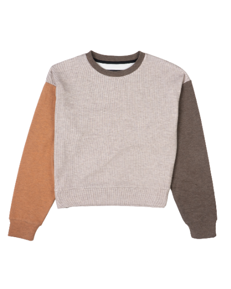 Color-block crewneck sweater with beige body, tan left sleeve, and brown right sleeve, flat lay view