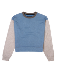 Colorblock crewneck sweatshirt with dusty blue body and heather gray sleeves, flat lay view