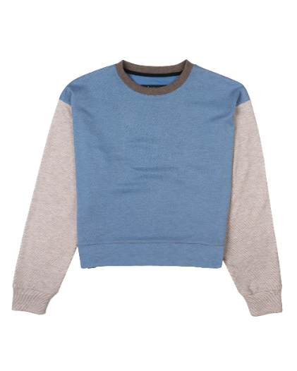 Colorblock crewneck sweatshirt with dusty blue body and heather gray sleeves, flat lay view