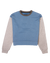 Colorblock crewneck sweatshirt with dusty blue body and heather gray sleeves, flat lay view