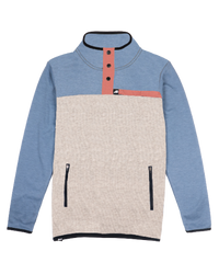 Colorblock fleece pullover with snap collar, zip pockets, and blue, cream, and coral panels