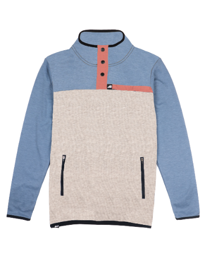 Colorblock fleece pullover with snap collar, zip pockets, and blue, cream, and coral panels