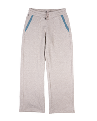 Heathered beige fleece sweatpants with blue accent pocket trim and drawstring waist, front view