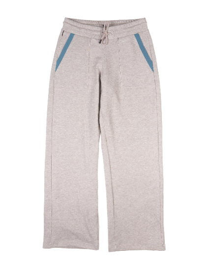 Heathered beige fleece sweatpants with blue accent pocket trim and drawstring waist, front view