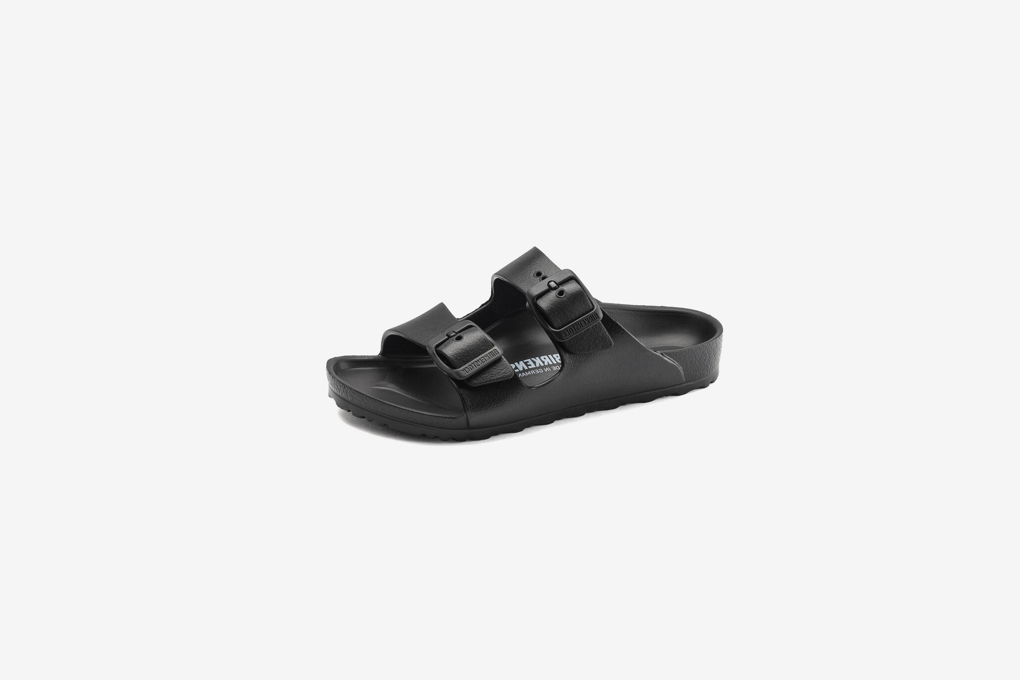 Black EVA two-strap sandals with adjustable buckles on clean white background