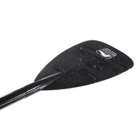 Black canoe paddle blade with textured grip surface and carbon fiber shaft
