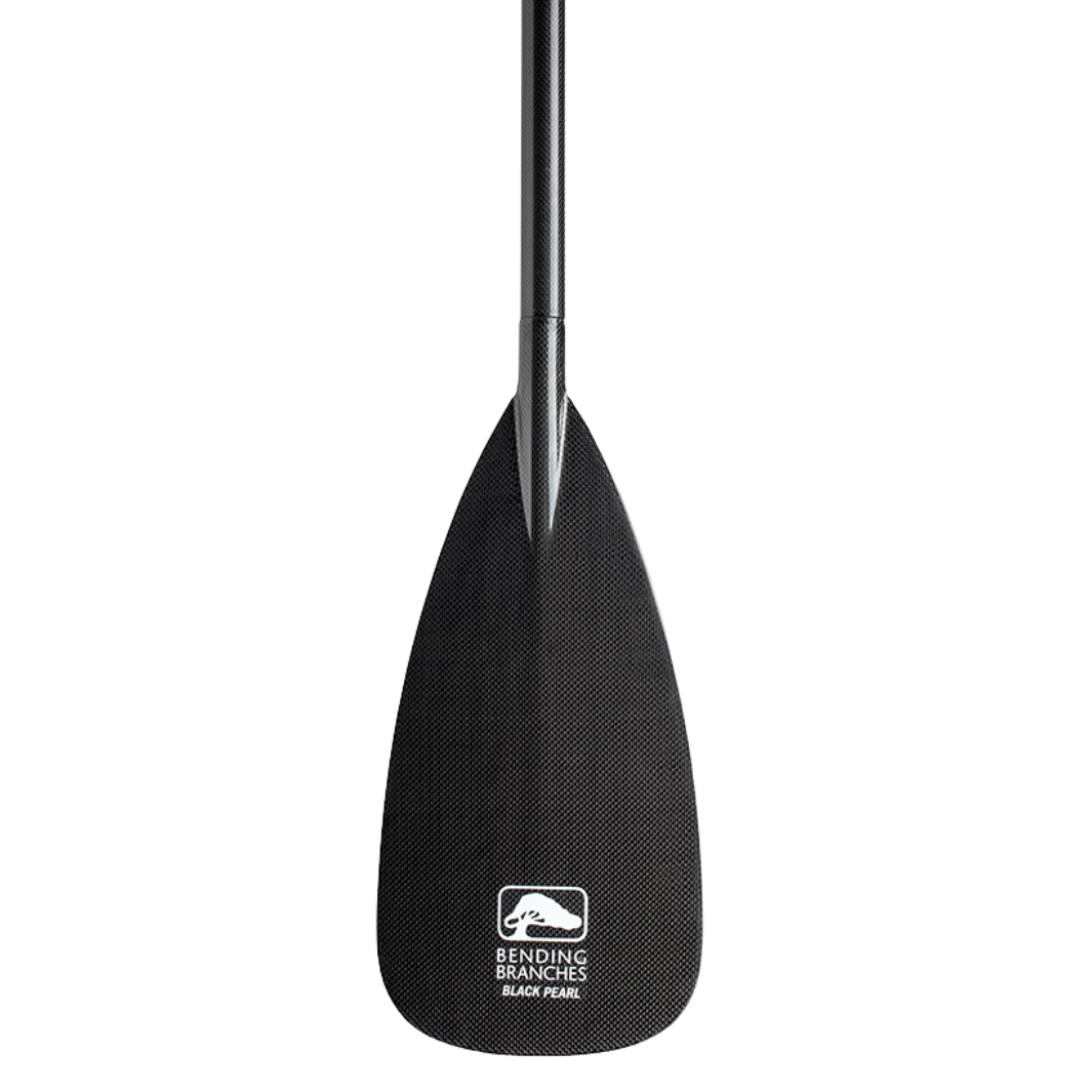 Black canoe paddle with carbon fiber shaft and textured blade shown vertically