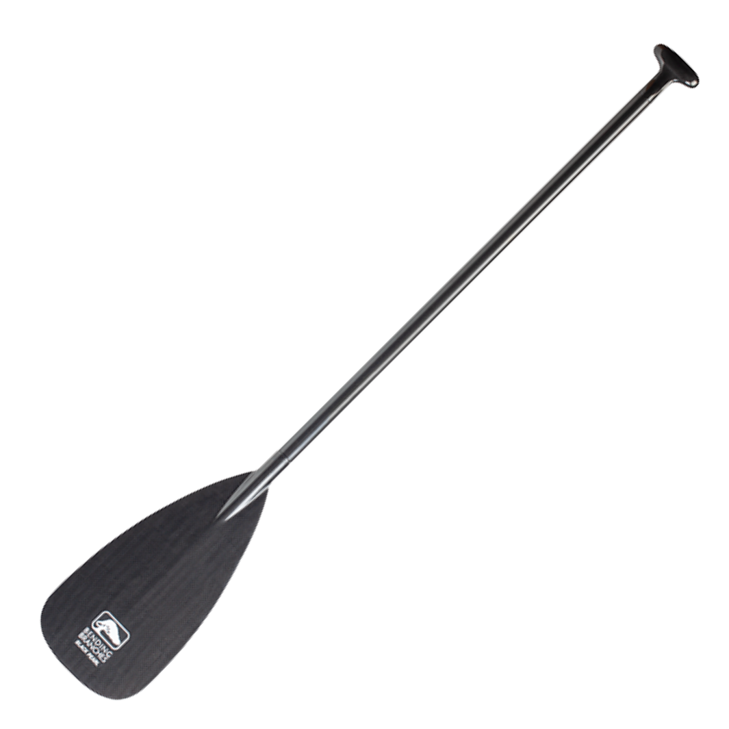 Black canoe paddle with carbon fiber shaft and teardrop blade shown at diagonal angle