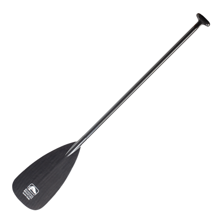 Black canoe paddle with carbon fiber shaft and teardrop blade shown at diagonal angle