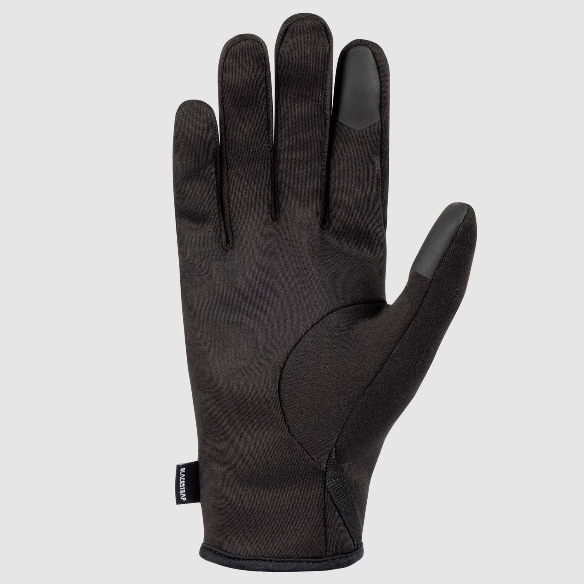 Black lightweight glove liner with touchscreen-compatible fingertips, palm view