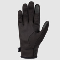 Black lightweight glove liner with touchscreen-compatible fingertips, palm view