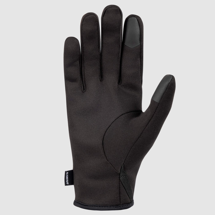 Black lightweight glove liner with touchscreen-compatible fingertips, palm view