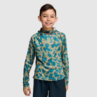 Child wearing blue and beige camouflage hooded long-sleeve shirt, front view