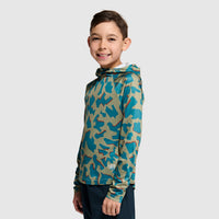 Child wearing camouflage hooded sweatshirt with blue and tan pattern, three-quarter view