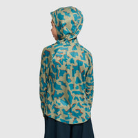 Child wearing camouflage hoodie with blue and green pattern, shown from back view