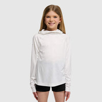Light gray hooded pullover with long sleeves on young girl, front view