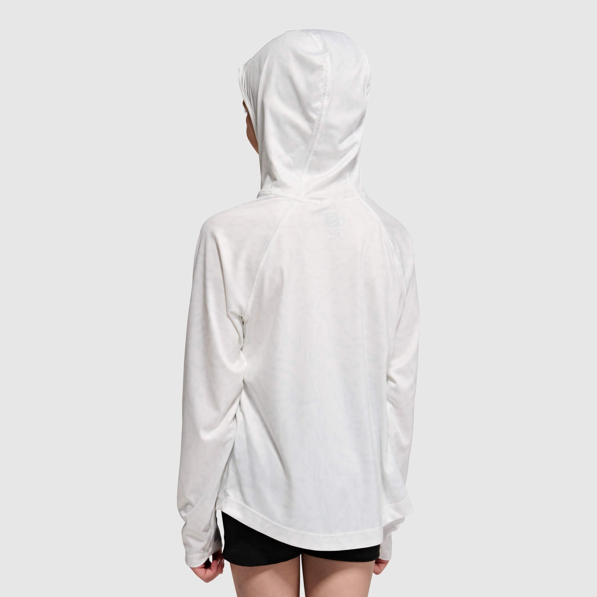 Light gray hooded pullover shown from back view with hood up