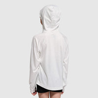 Light gray hooded pullover shown from back view with hood up
