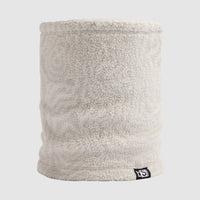 Cylindrical sherpa fleece neck gaiter in light ash gray, front view with small logo tag