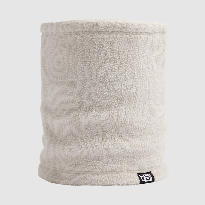 Cylindrical sherpa fleece neck gaiter in light ash gray, front view with small logo tag
