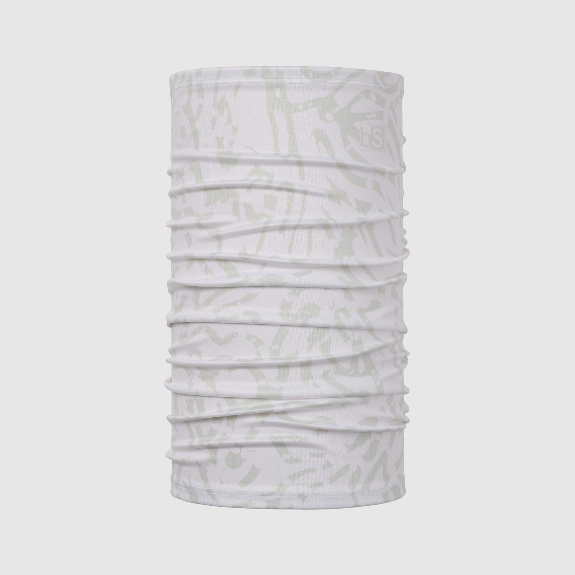 Tubular neck gaiter in light gray with subtle pattern, shown against clean background