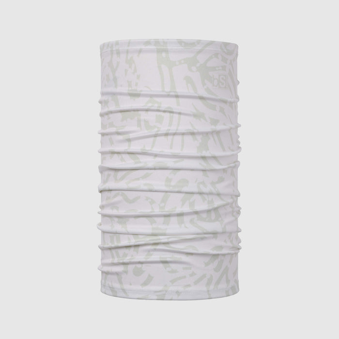 Tubular neck gaiter in light gray with subtle pattern, shown against clean background