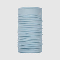 Light blue tubular neck gaiter with horizontal gathered fabric texture on clean background