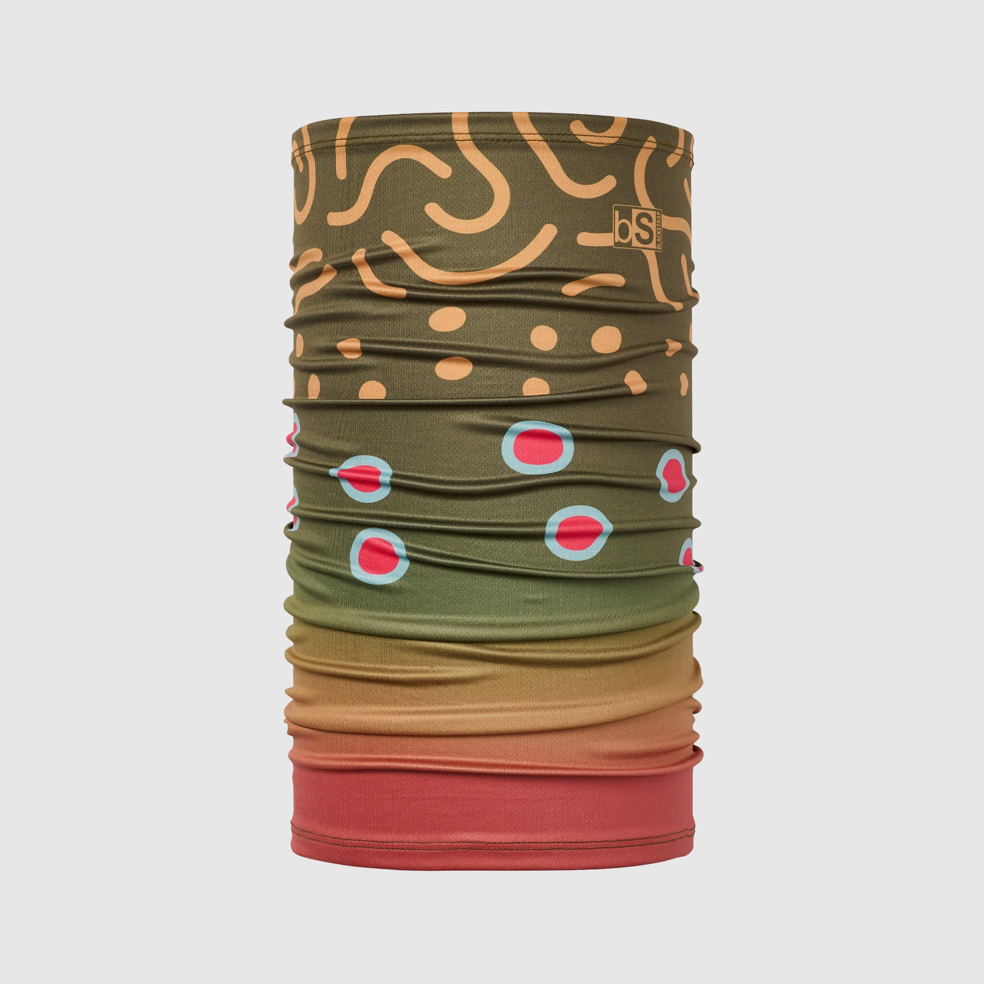 Tubular neck gaiter with fish-themed pattern in olive green and orange, gradient to coral bottom