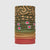 Tubular neck gaiter with fish-themed pattern in olive green and orange, gradient to coral bottom