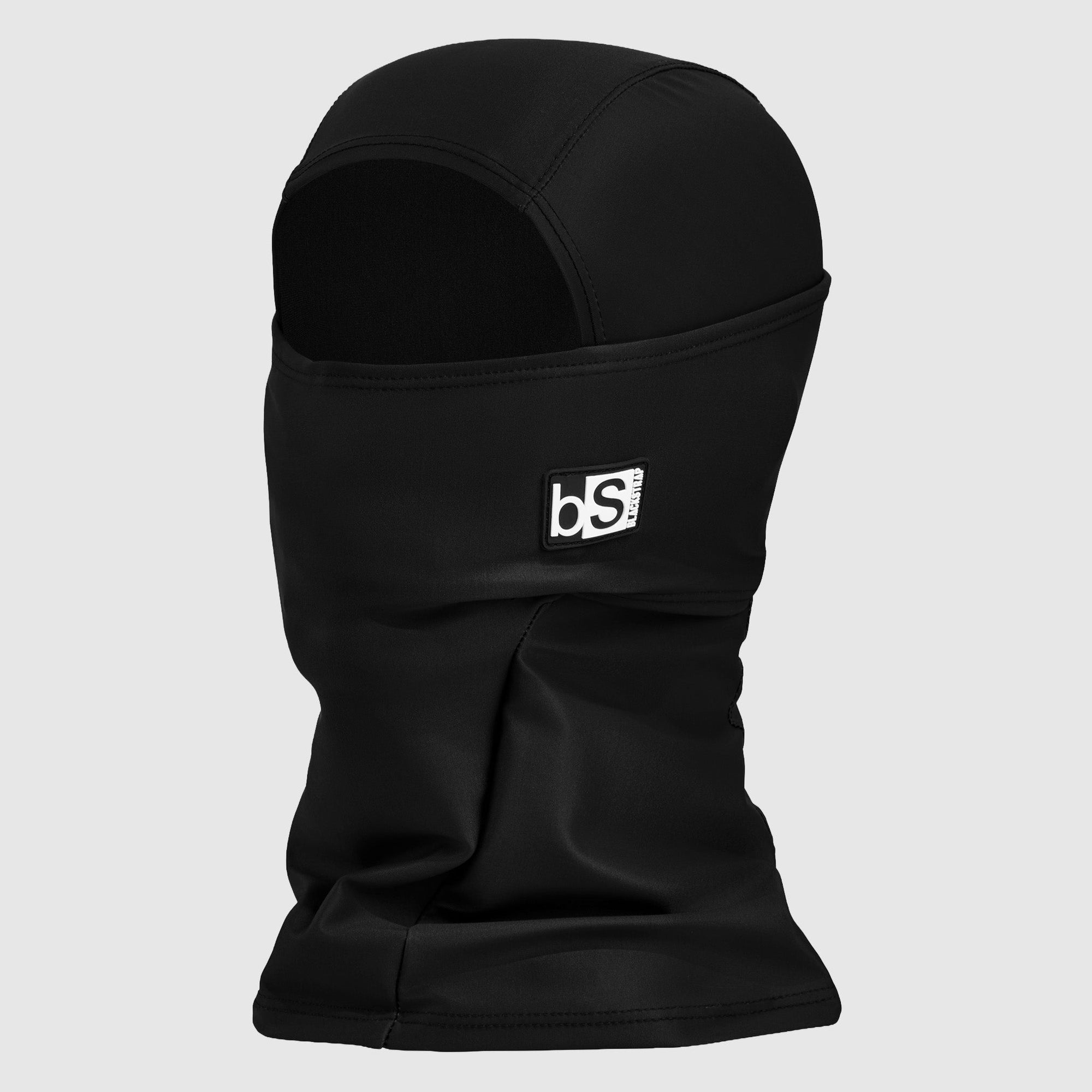 Black balaclava hood with single face opening and extended neck gaiter, three-quarter view