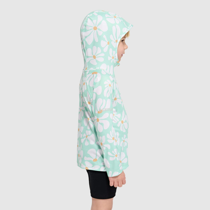 Child wearing mint green hoodie with white daisy pattern, shown in profile view